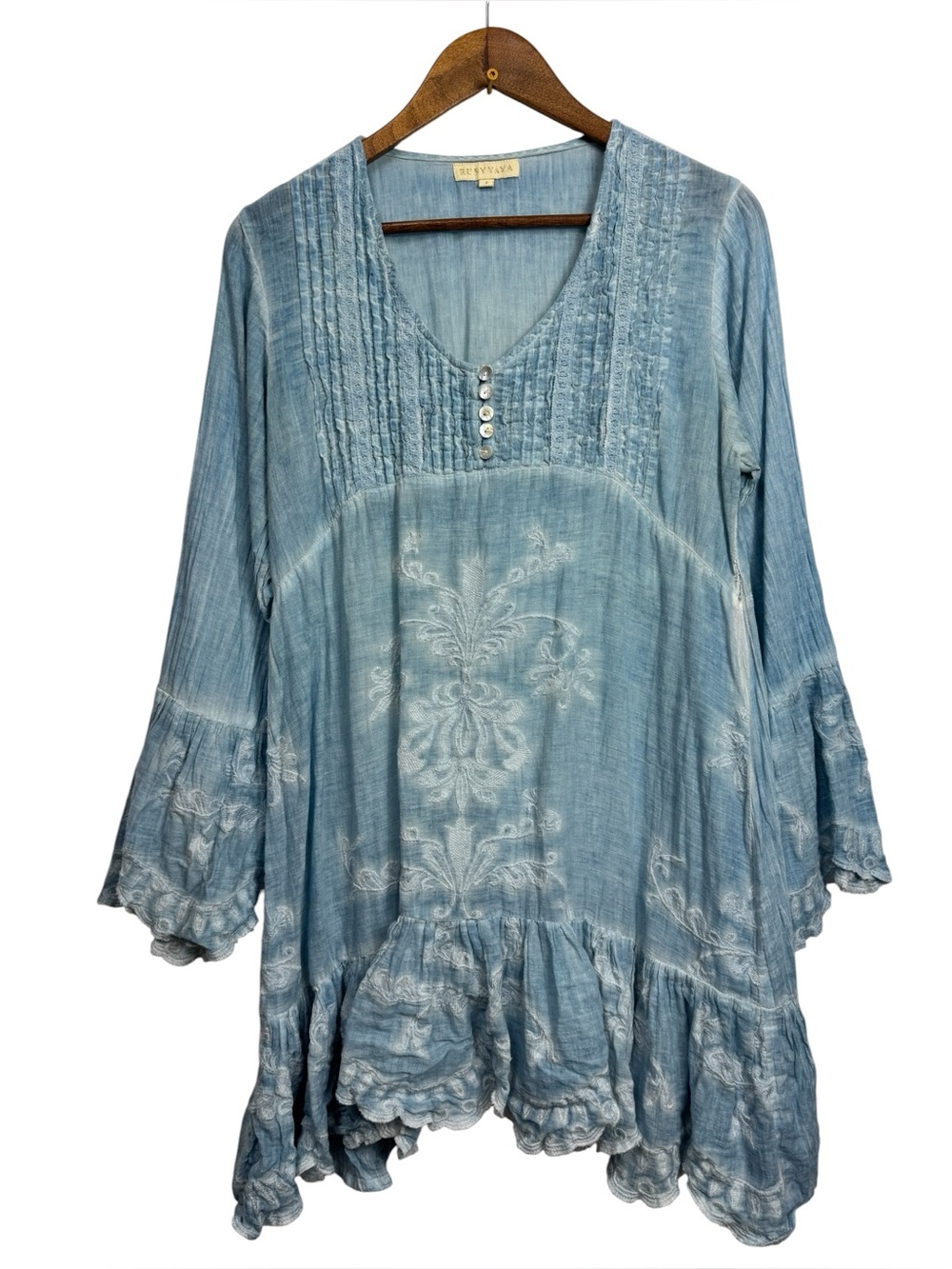 RUBYYAYA Tunic Top - Light Blue Embroidered Women's Blouse